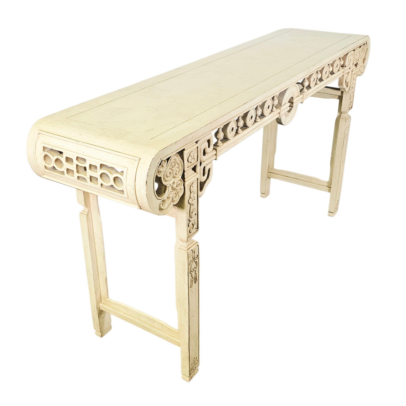 64″ Asian Modern Chinoiserie Console Sofa Table Cream Lacquer Fretwork Ornate