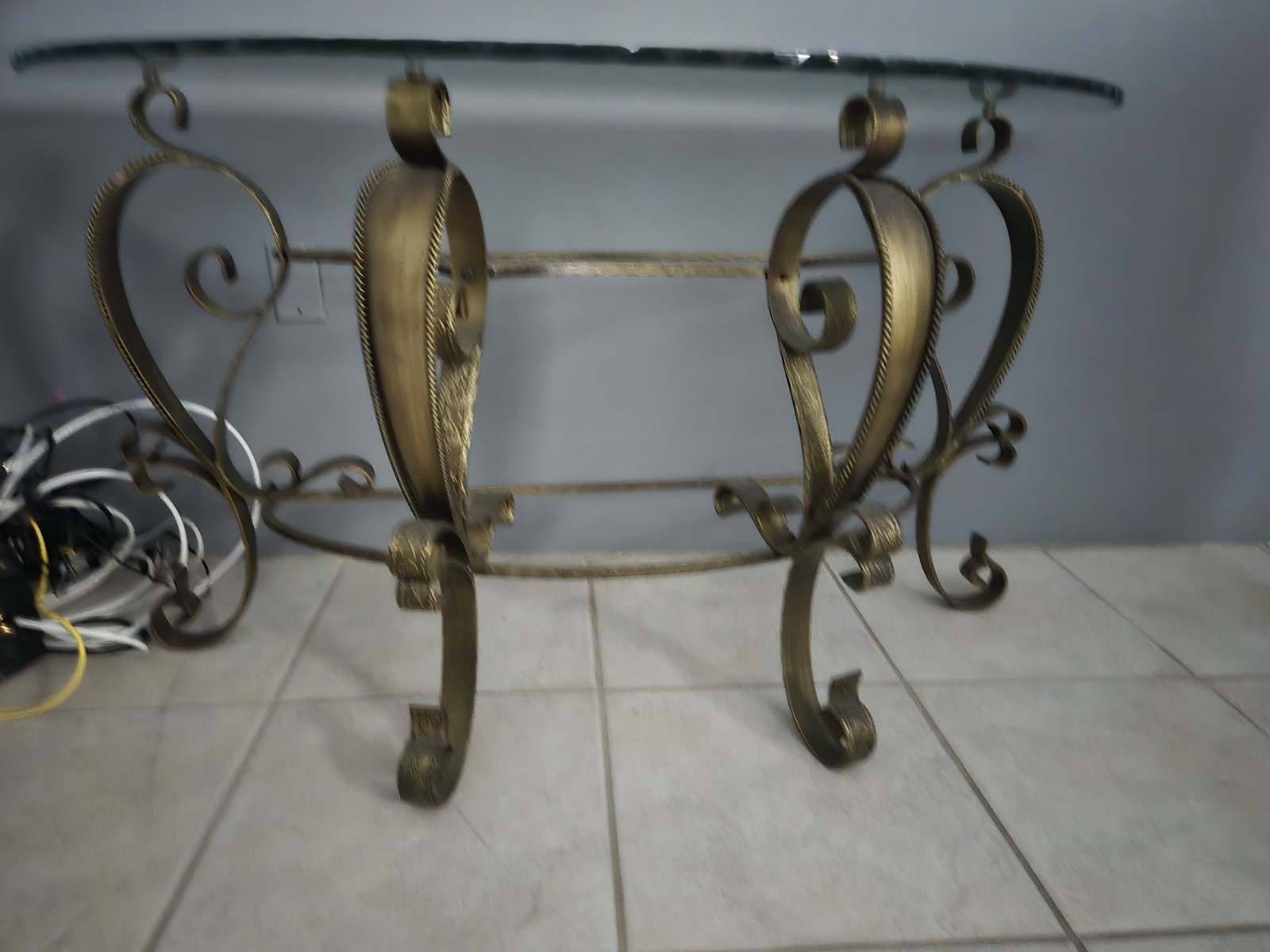 Rectangular Gold Metal Scrollwork Console Table w/ Glass Top 24in H 21in L