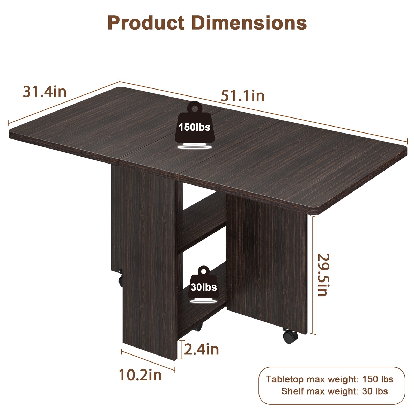Folding Dining Table Drop Leaf Table Space Saving Table W/2-tier Storage Shelf