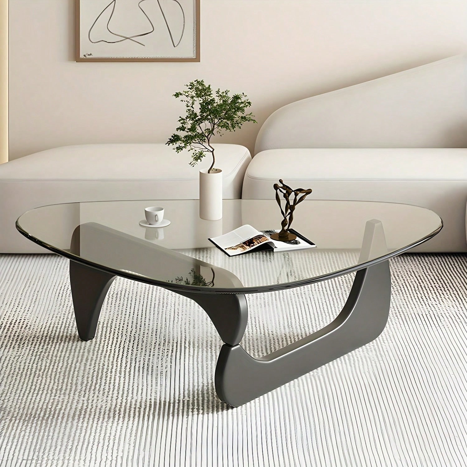Mid Century Triangular Glass Coffee Table Abstract Solid Wood Base Living Room