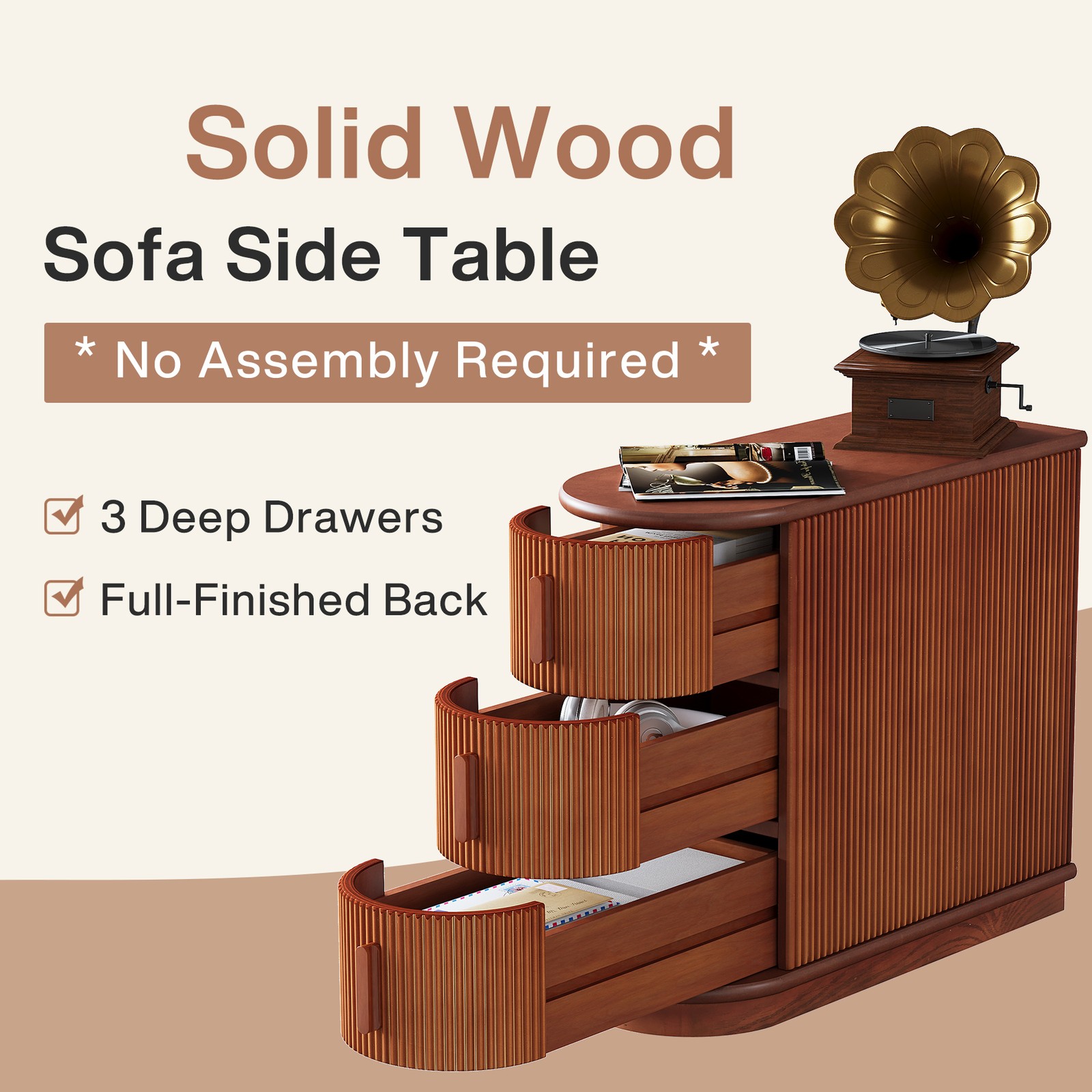 3-Drawer Wooden End Table, Modern Slim Sofa Side Table, No Assembly Required