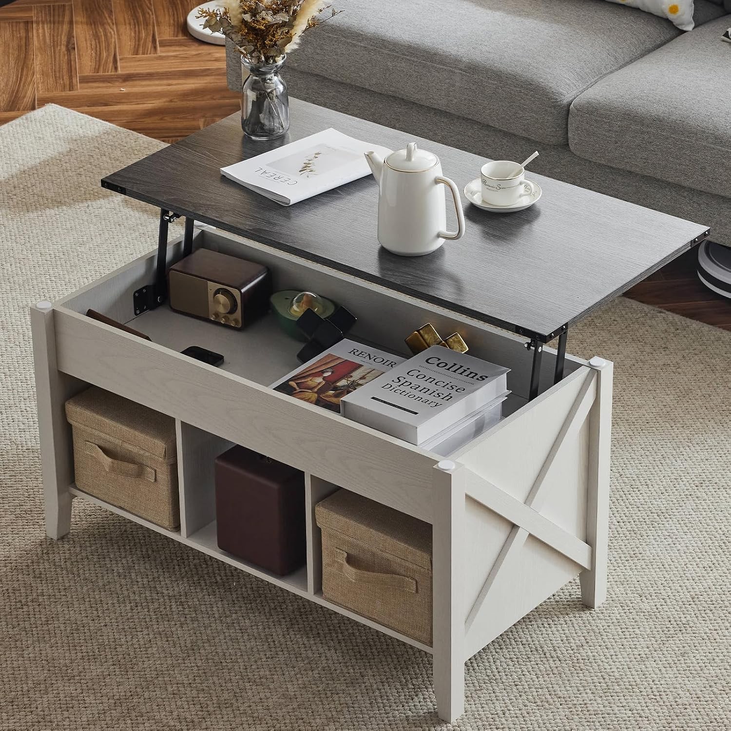 Farmhouse Lift Top Coffee Table Rustic Grey with Storage Shelf/Hidden