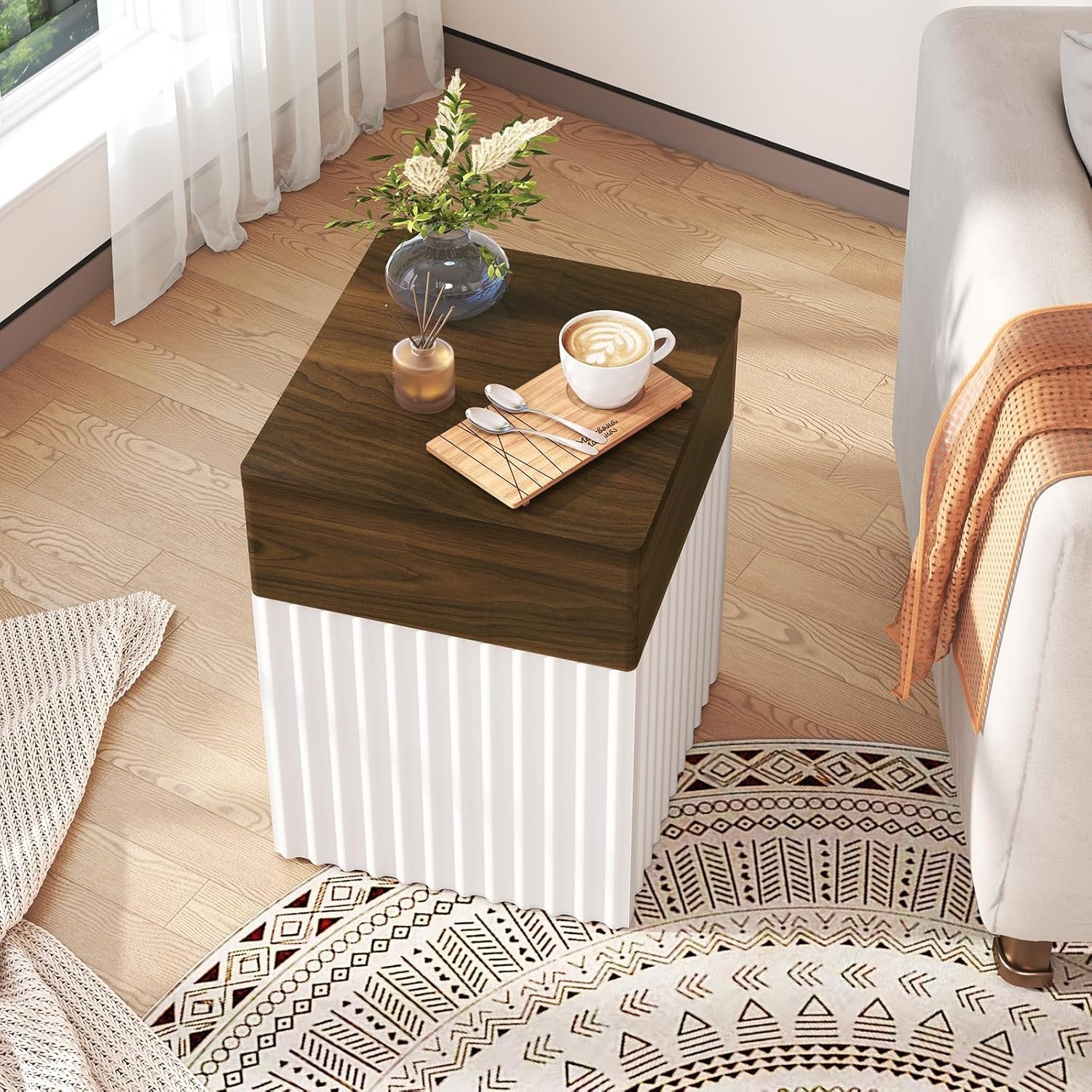 Chic Fluted Wooden Side Table – 11.8″ Farmhouse Nightstand in White