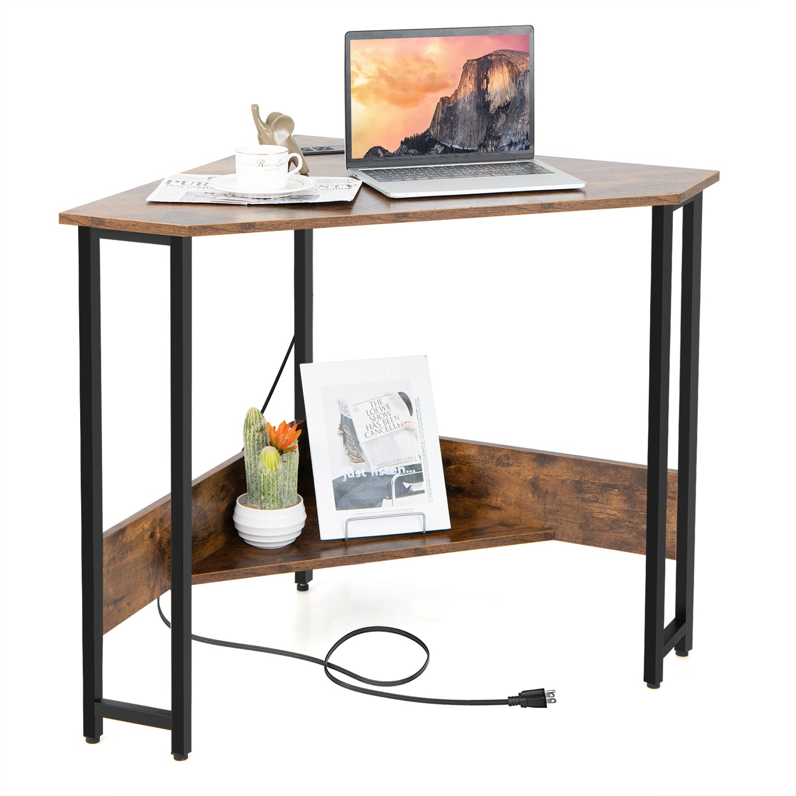 Triangle Computer Desk Corner Desk Home Office w/Power Outlets USB Ports Rustic