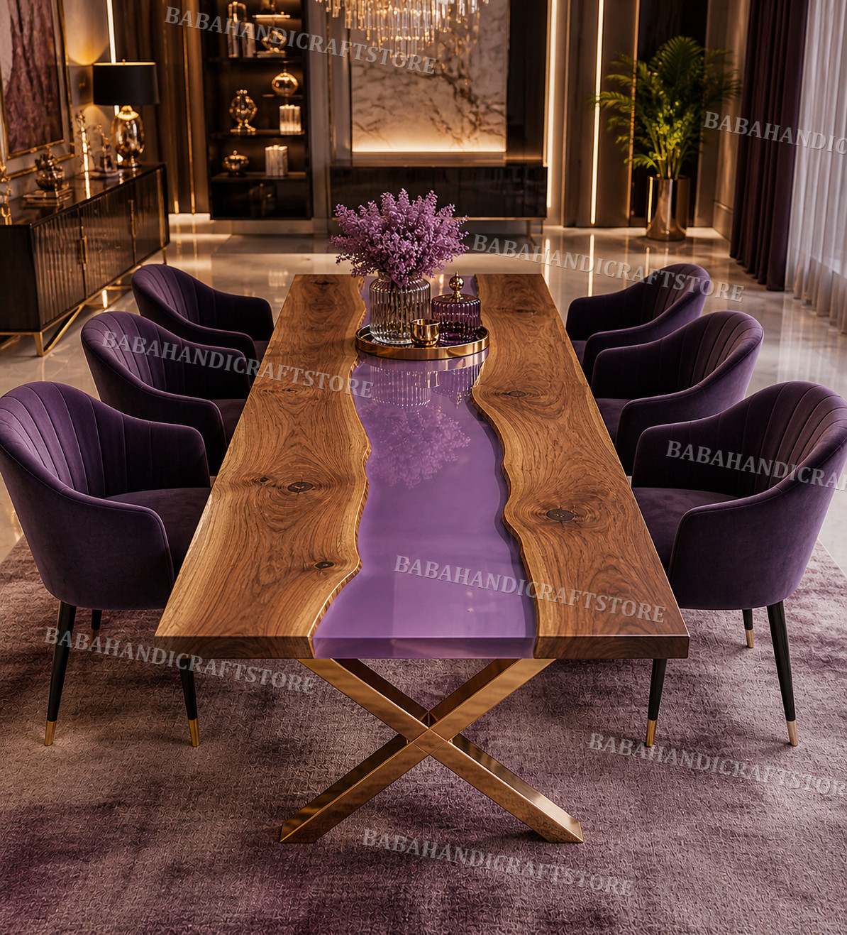 Luxury Purple Epoxy River Dining Table Live Edge Wood Resin Tabletop Handmade