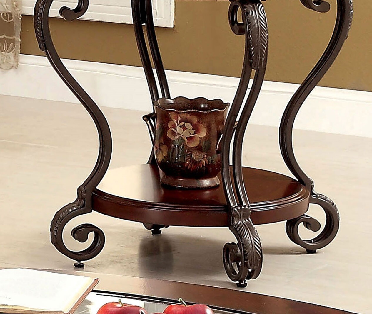 Traditional End Table w/Storage, Wood Side Table w/Metal Ornate Scroll Legs
