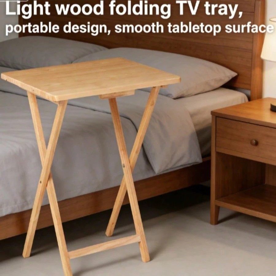 Folding TV Tray Table Rubberwood Snack Dining Side Table Natural Finish