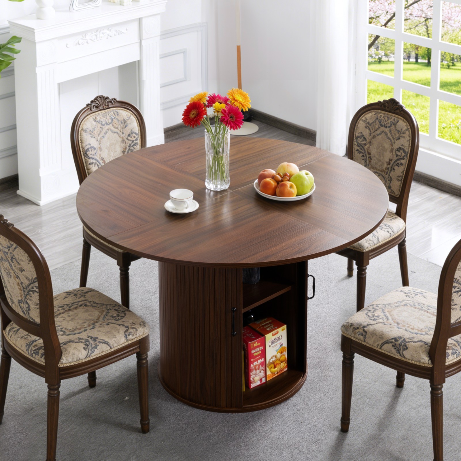 Extendable Round Dining Table Walnut Oval Kitchen Table Seats 4-6