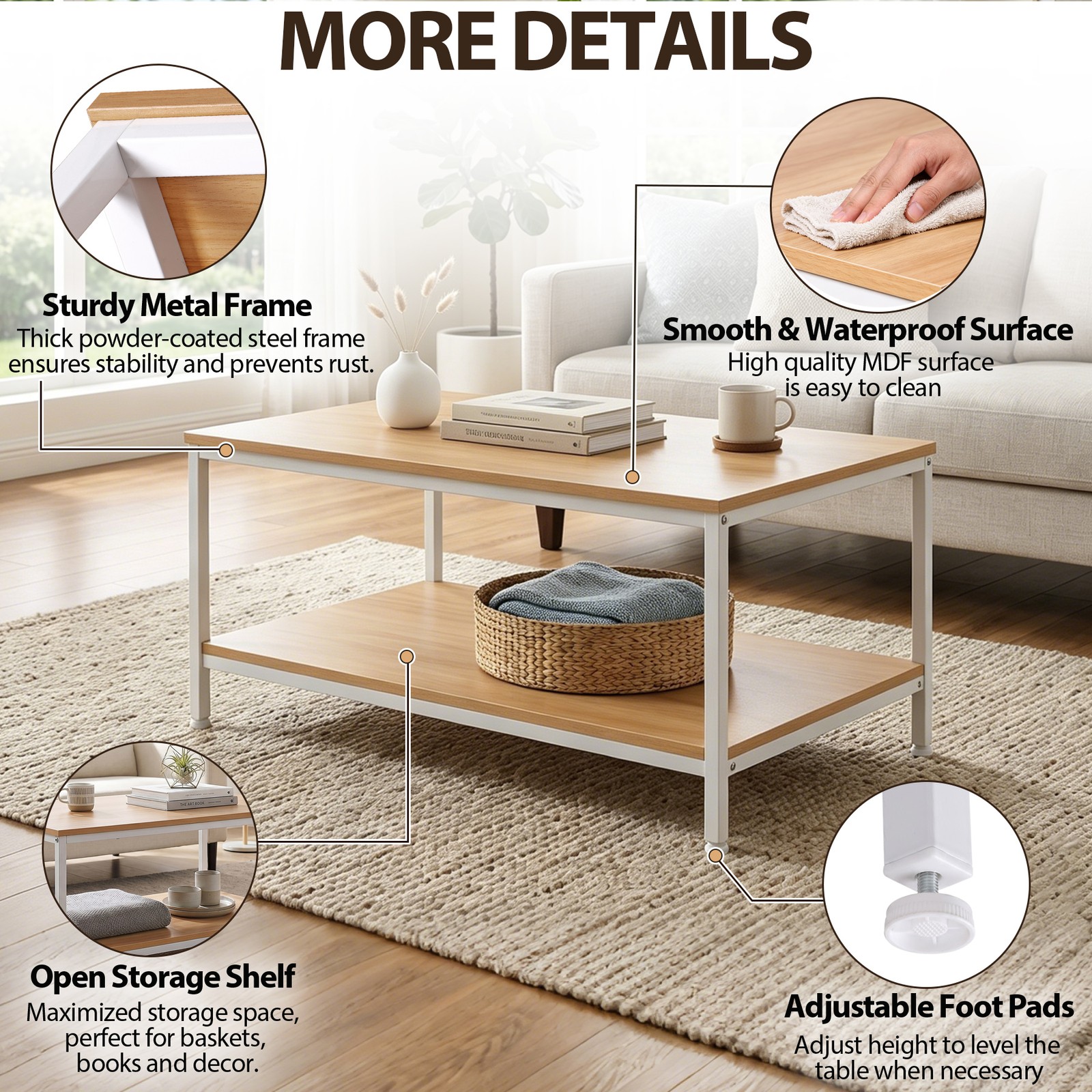 2-Tier Rectangular Coffee Table MDF Side End Table with Metal Frame Light Oak