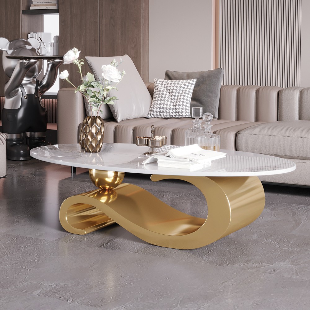 Gold Metal Coffee Table with Stainless Steel Pedestal and Faux Marble Top
