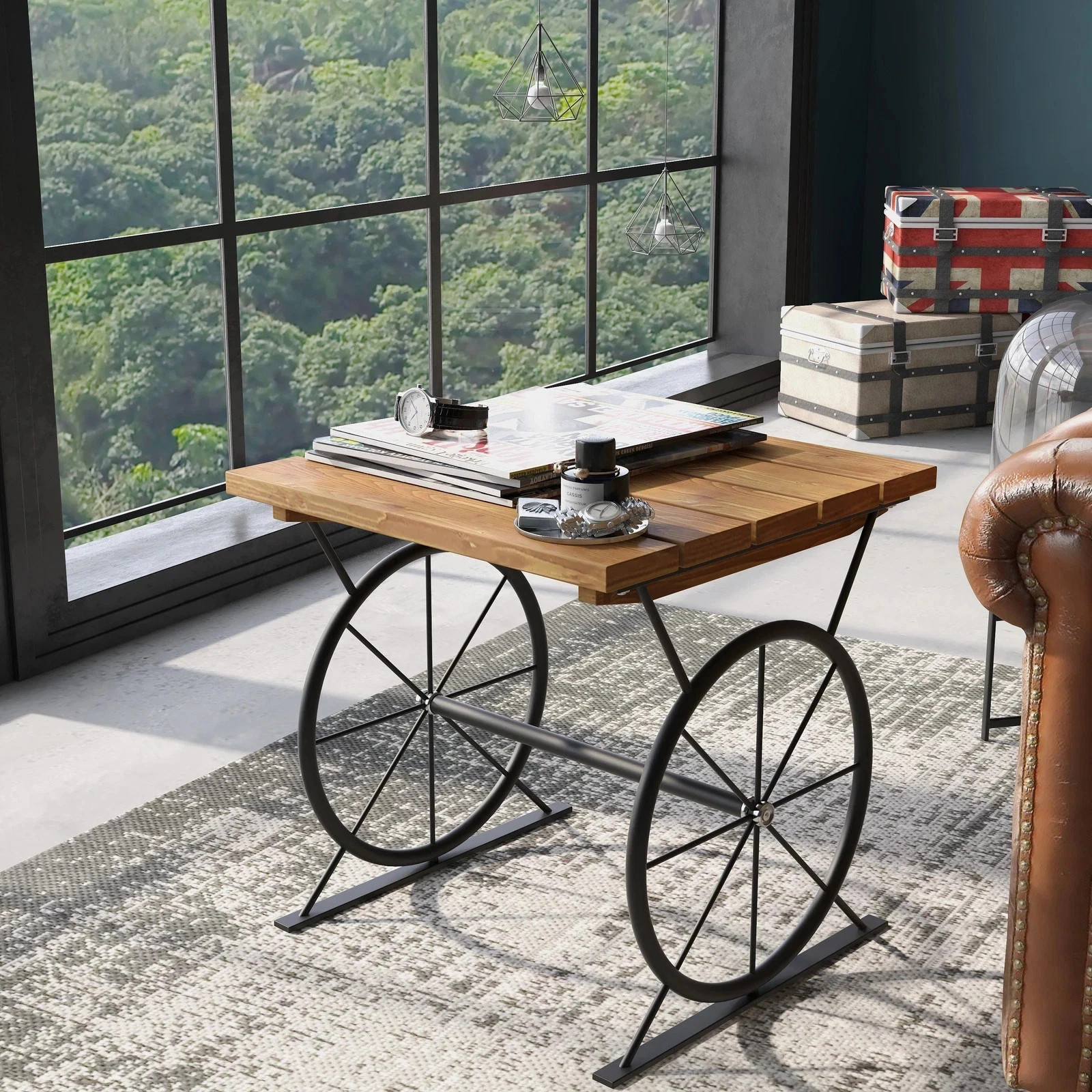 Industrial Metal Wheel Side Table Warm Rustic Farmhouse Accent End Table 19″ H