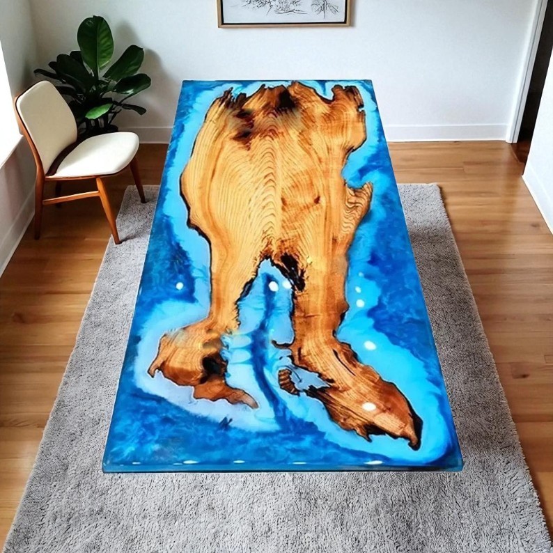 Ocean Wave Epoxy Resin Dining Table Live Edge Wood River Table Handmade Art Deco