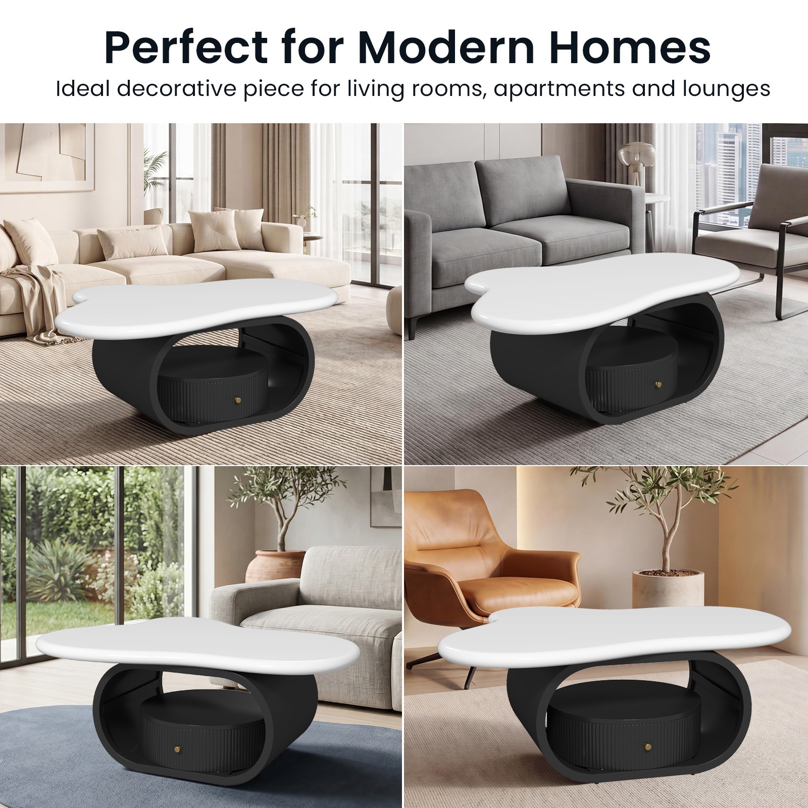 Black+White 39″ Irregular Coffee Table Center Table w/ Drawer,Shelf Home Office