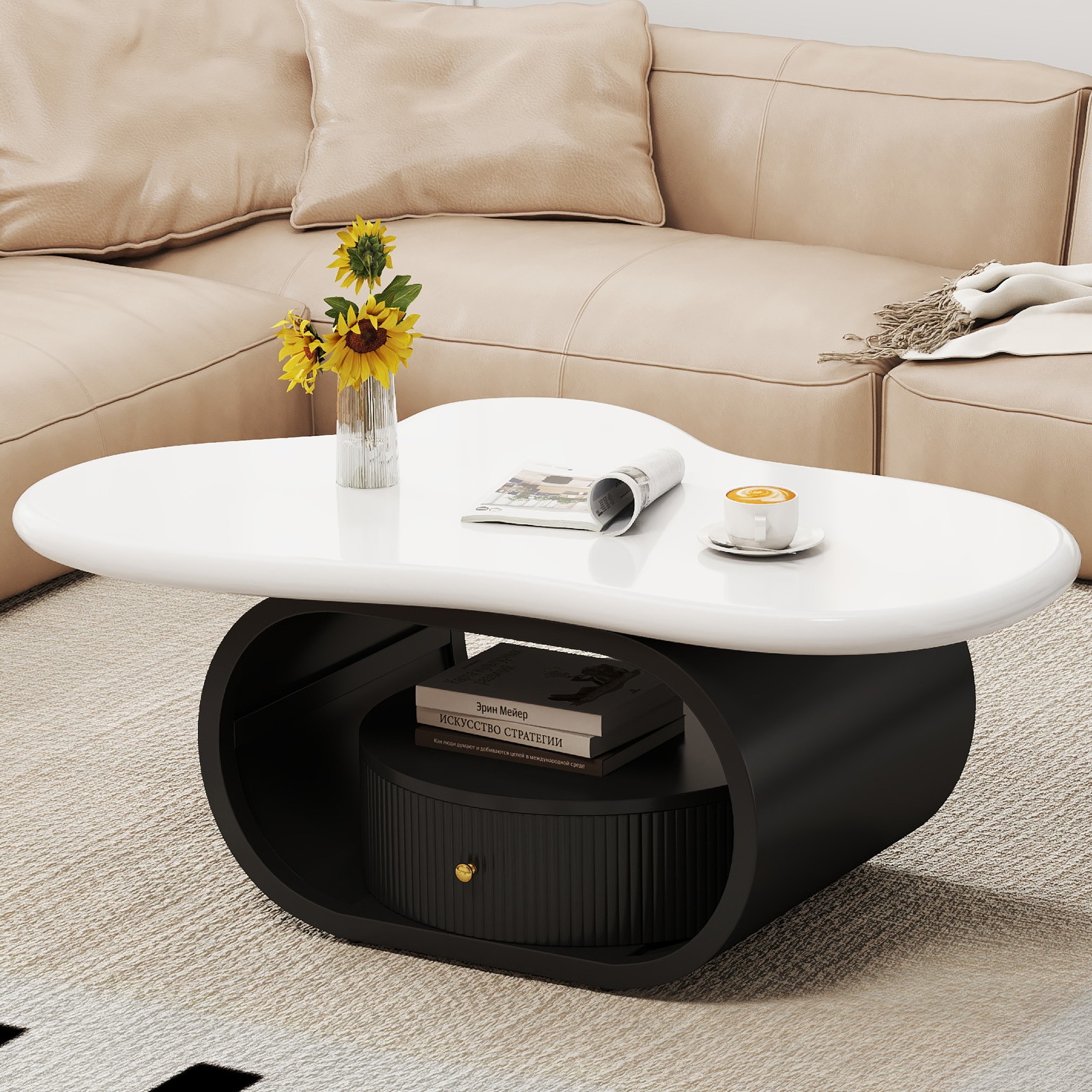 Black+White 39″ Irregular Coffee Table Center Table w/ Drawer,Shelf Home Office