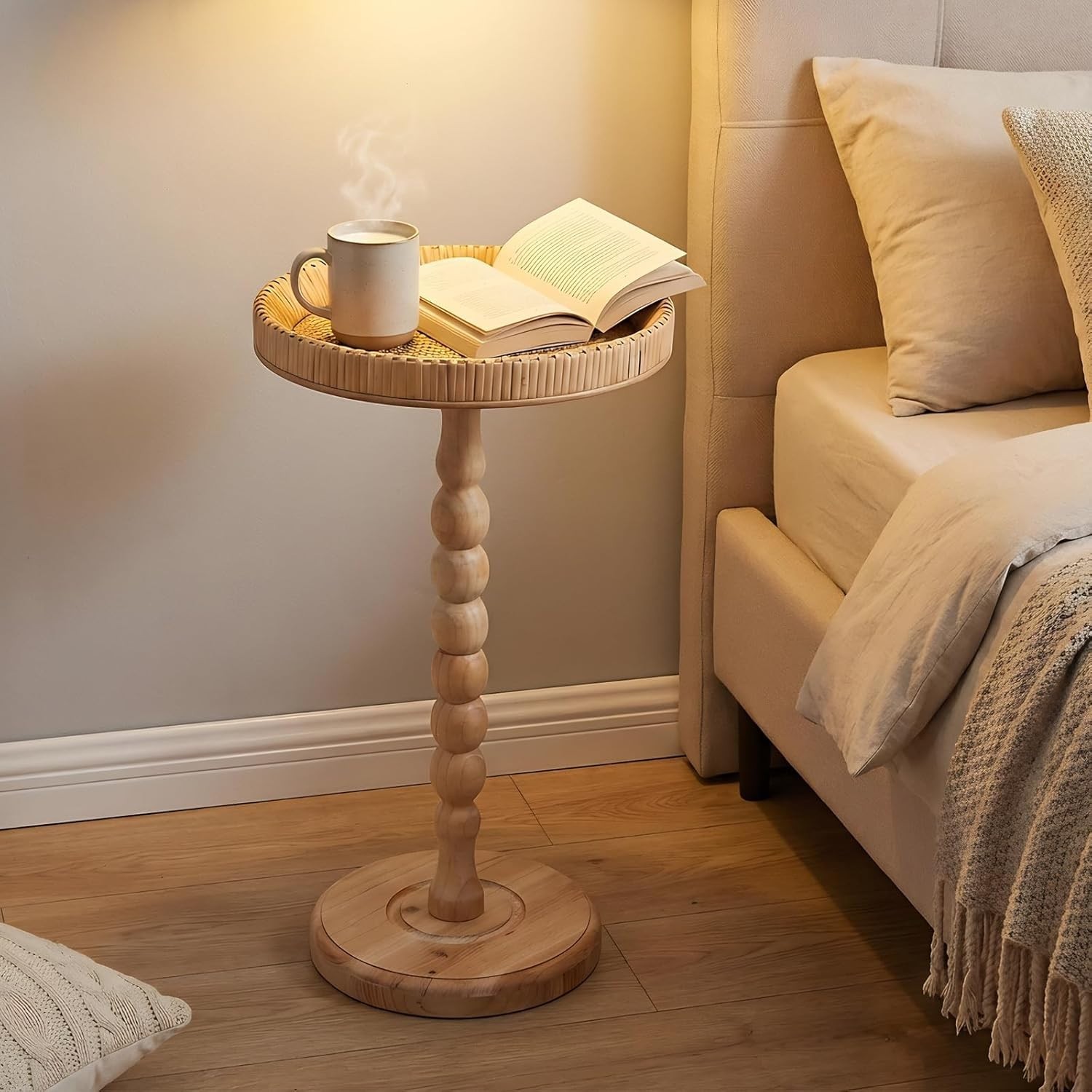 Boho Rattan Round Side Table – Compact End Table for Small Spaces