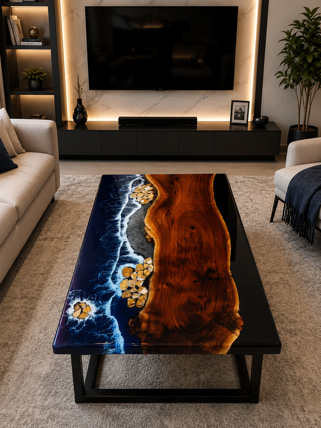 Handmade Ocean Wave Coffee Table Epoxy Resin Live Edge Wood Top