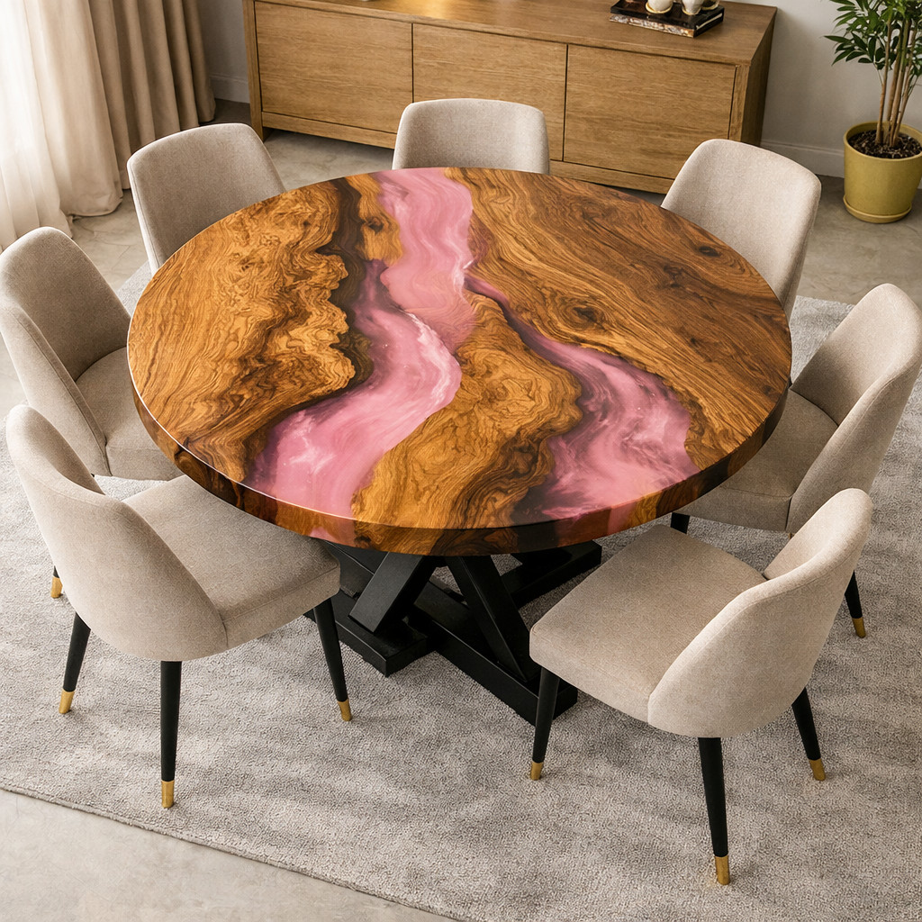 Handmade Pink Epoxy River Dining Table | Live Edge Olive Wood Round Table |18X18