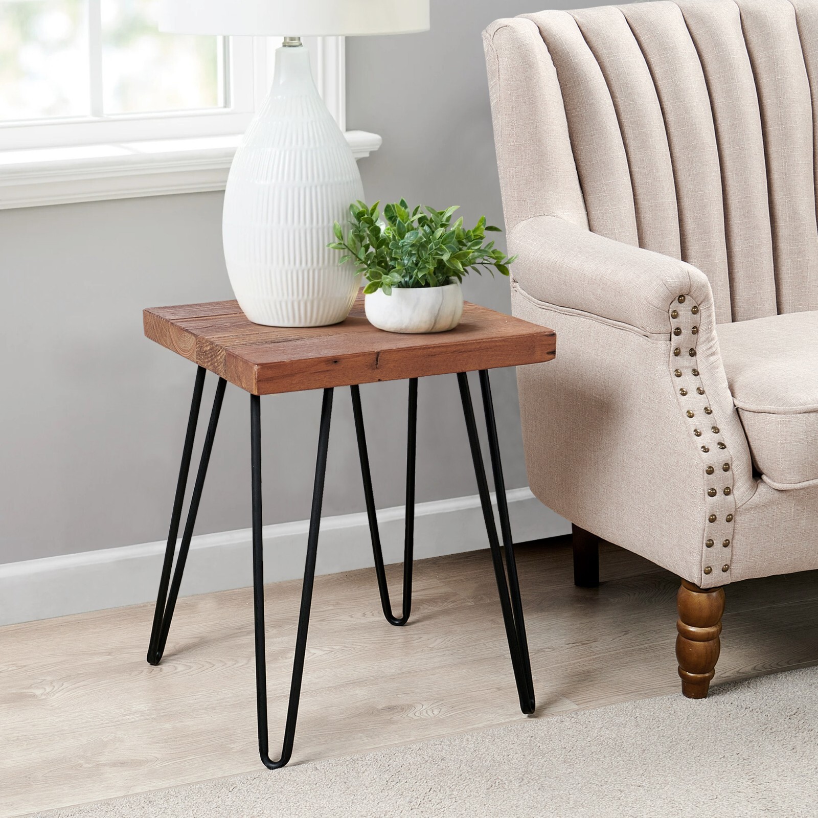 GREENAGE Minimalist Square Old Pine Wood End Table Rustic Surface Side Table