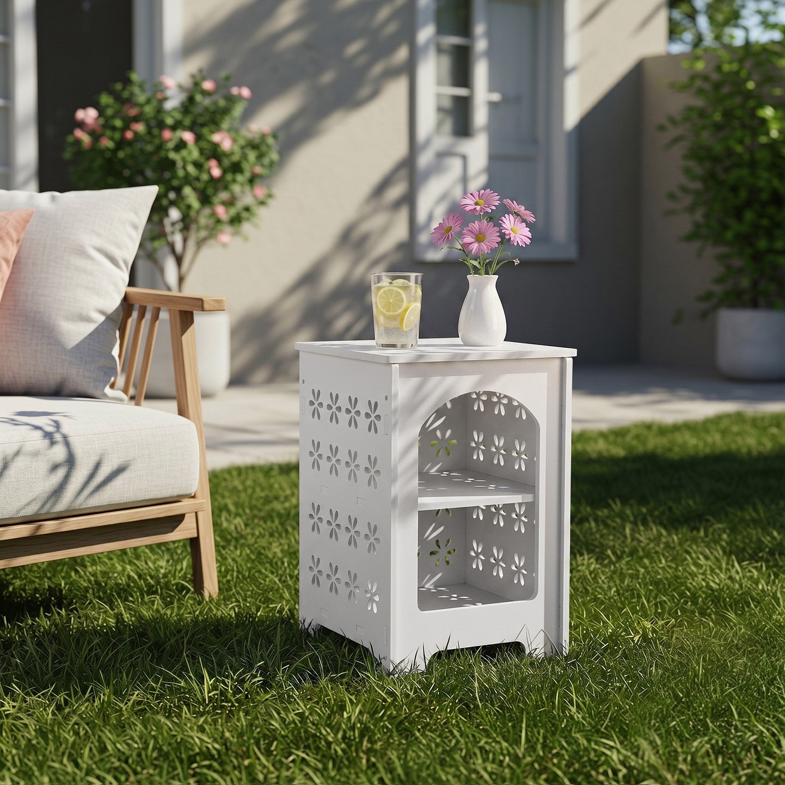 Portable Side Table PVC Bedside w/ Storage Rack for Indoor Living Room Bedroom