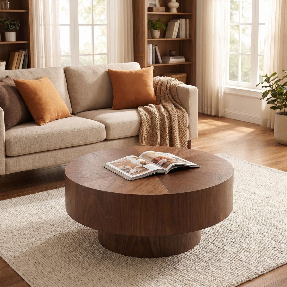 31.5″ Round Wood Coffee Table, Walnut for Living Room Bedroom