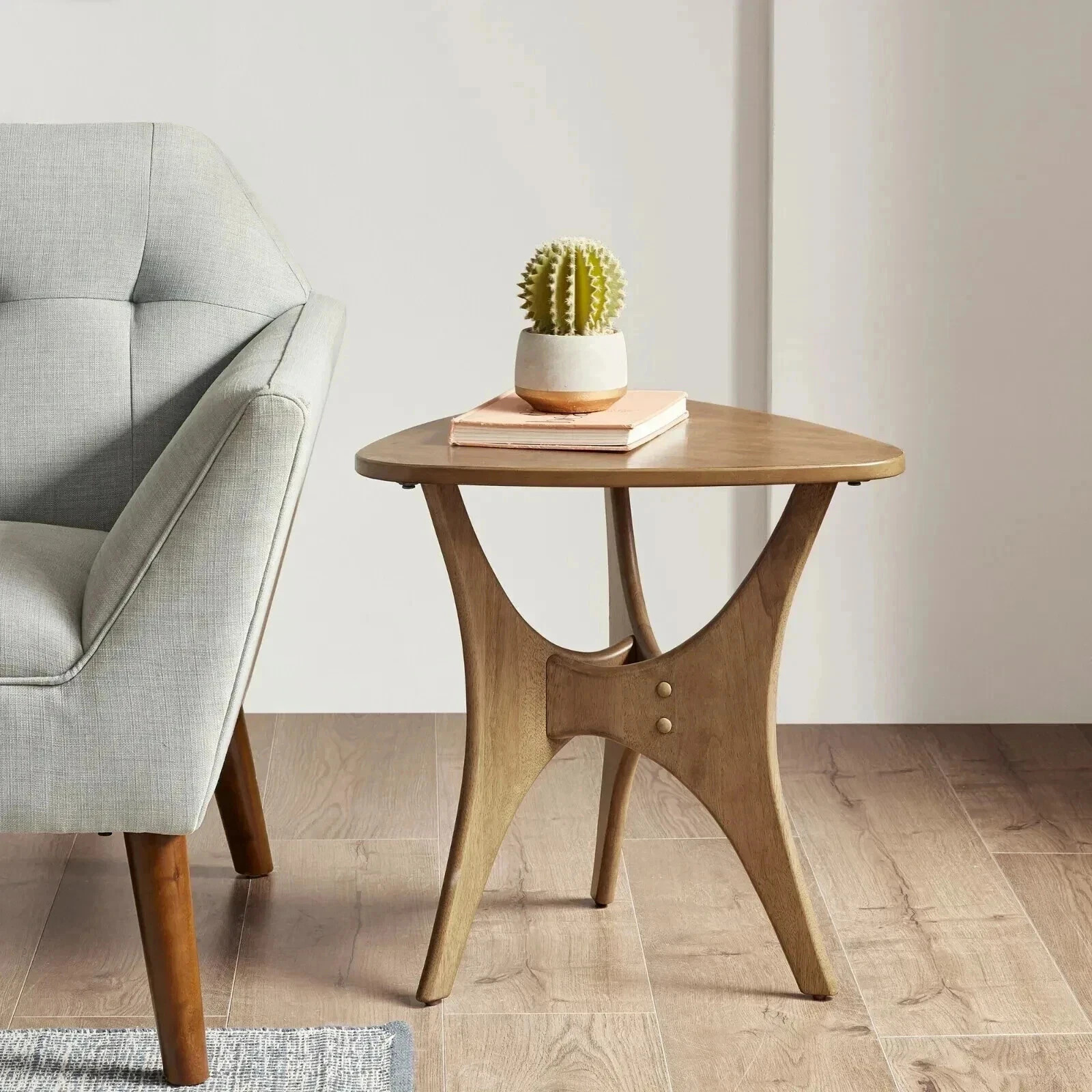 Triangle Mid-Century Modern Side Table Light Brown Small Unique Wooden Bedside
