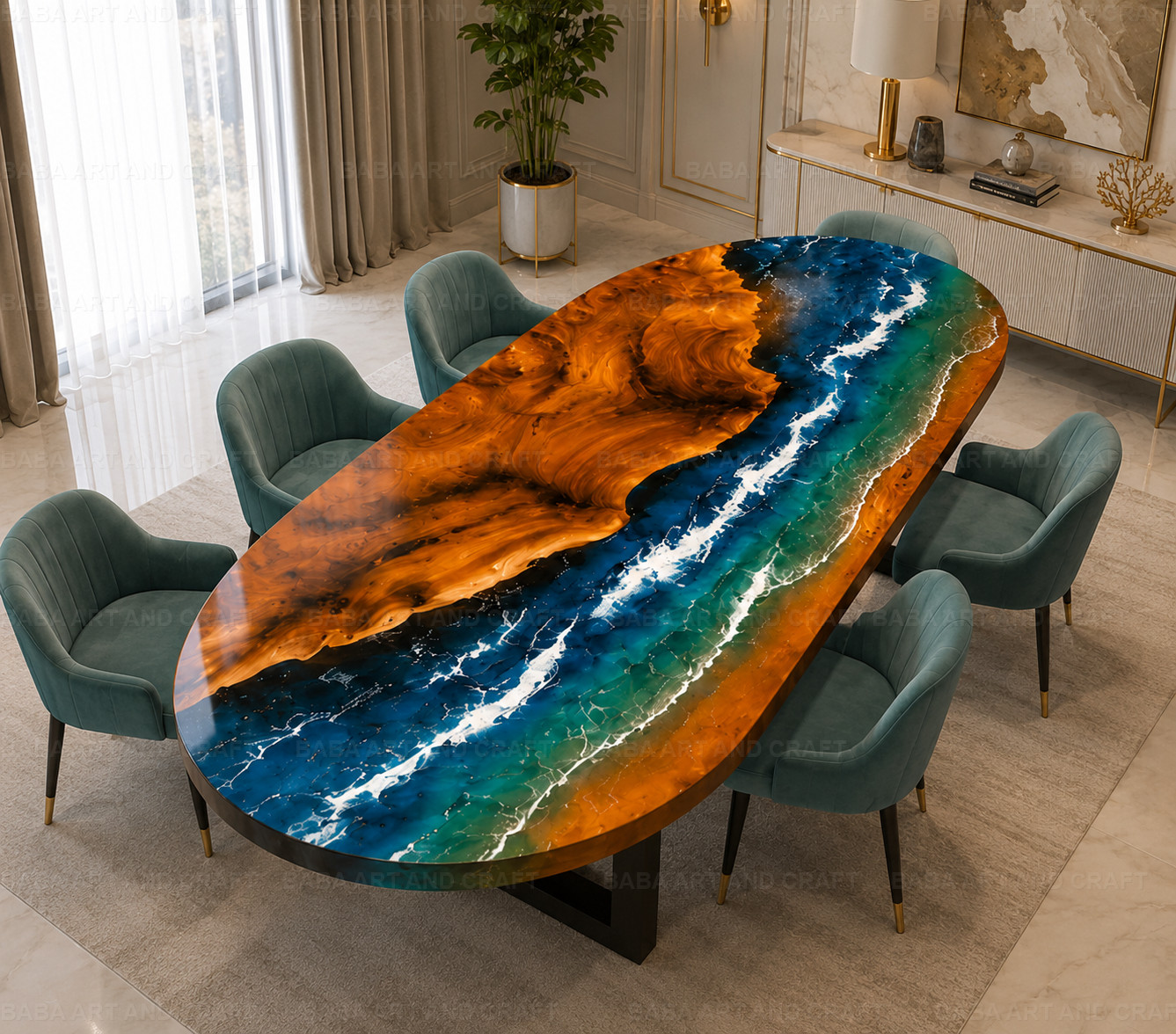 Handmade Ocean Epoxy Resin River Oval Dining Table Top Live Edge Wood Blu| 12X24