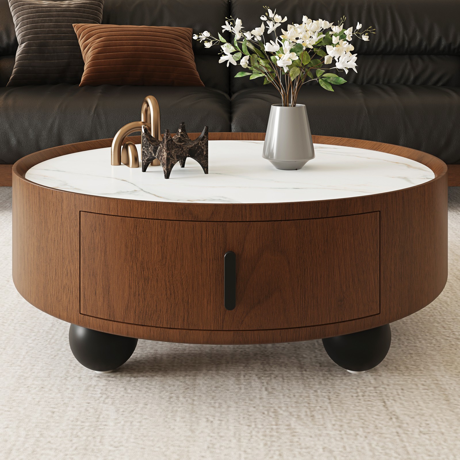 35.4in Round Coffee Table with Stone Top & Drawer, Walnut Veneer