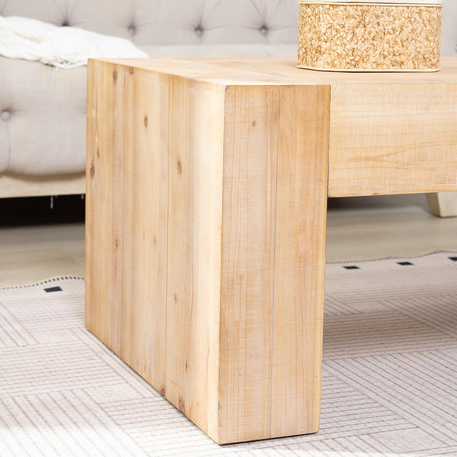 Rustic 49″ Whitewashed Wood Coffee Table with Thick Legs for Modern Living Room