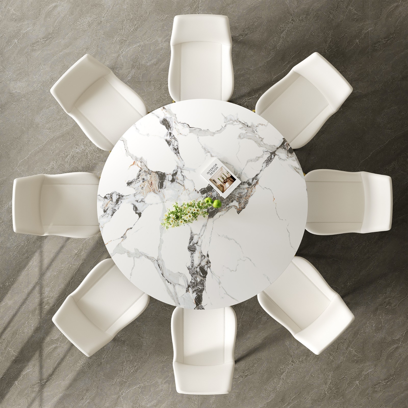 53″ Luxury Round Stone Table Gold Base Saves Space Fits 4-8